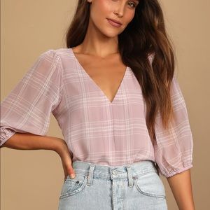 Instant Style Mauve Pink Plaid Puff Sleeve Top